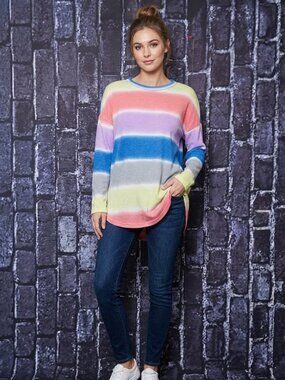 Viamor Pastel Rainbow Ombre Knit Sweater Colorful Striped Long Sleeve Crewneck S